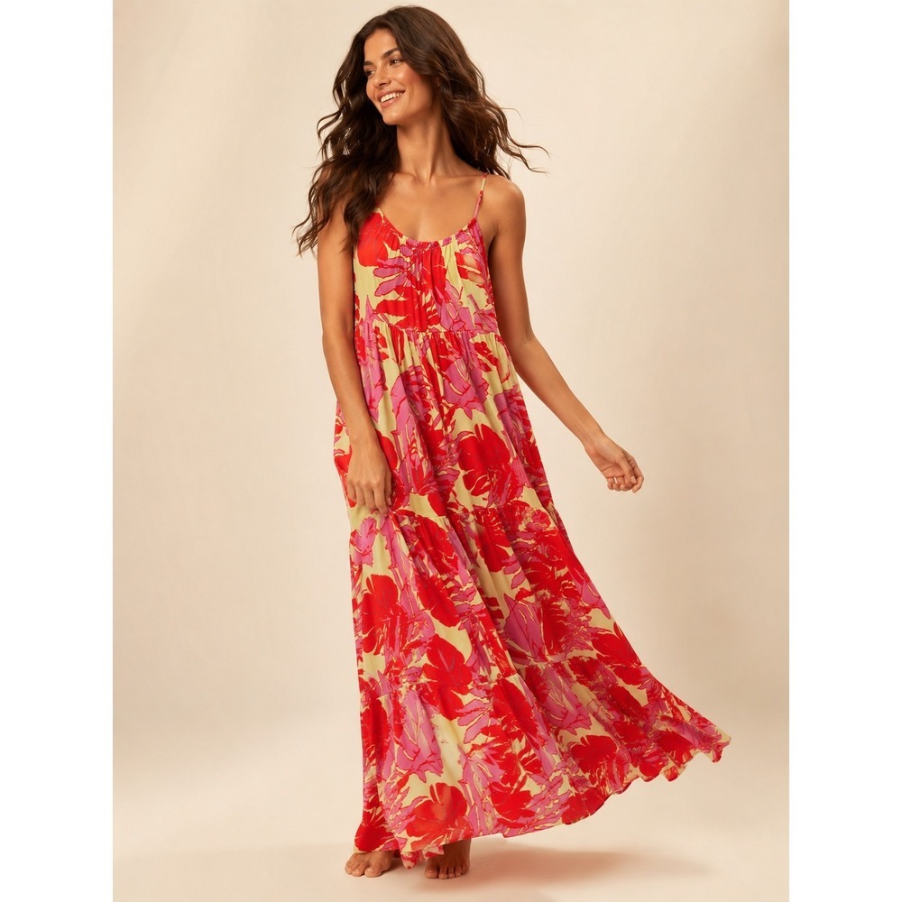 Sanctuary Tropical Palm Print Resort Maxi Dress Pink Red Vaca Quiet Luxury Bold